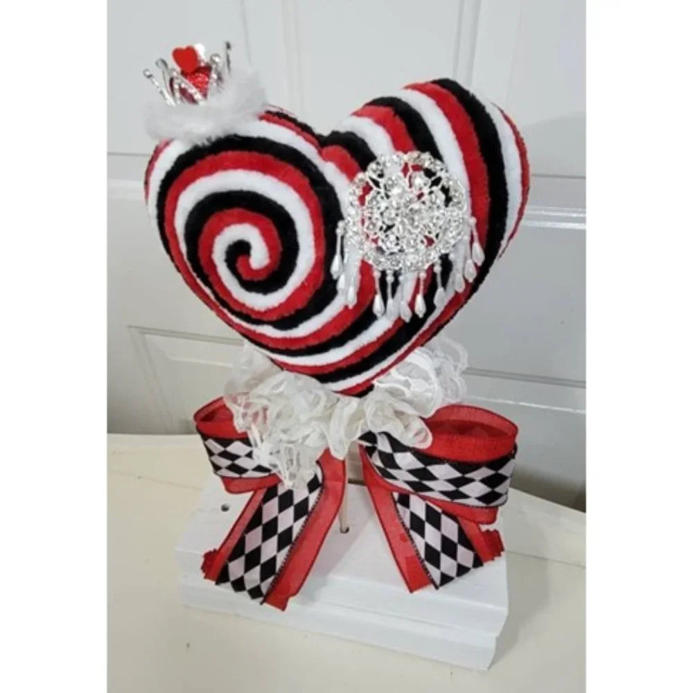 Hearts Decorative Velvety Yarn Red, Black & White Heart w Crown Lollipop & Silve